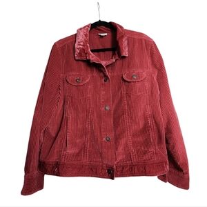 J. Jill Corduroy Trucker Jacket XL Berry Burgundy Velvet Trim Button Front